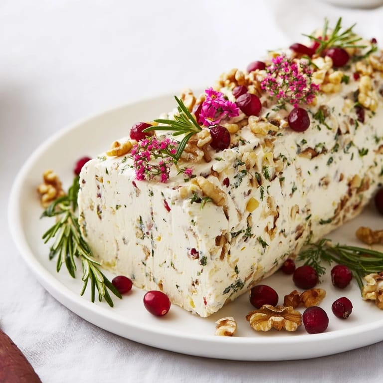 Delicious Yuletide log cheese, a vegetarian appetizer with rich flavors and textures, perfect for a party.
