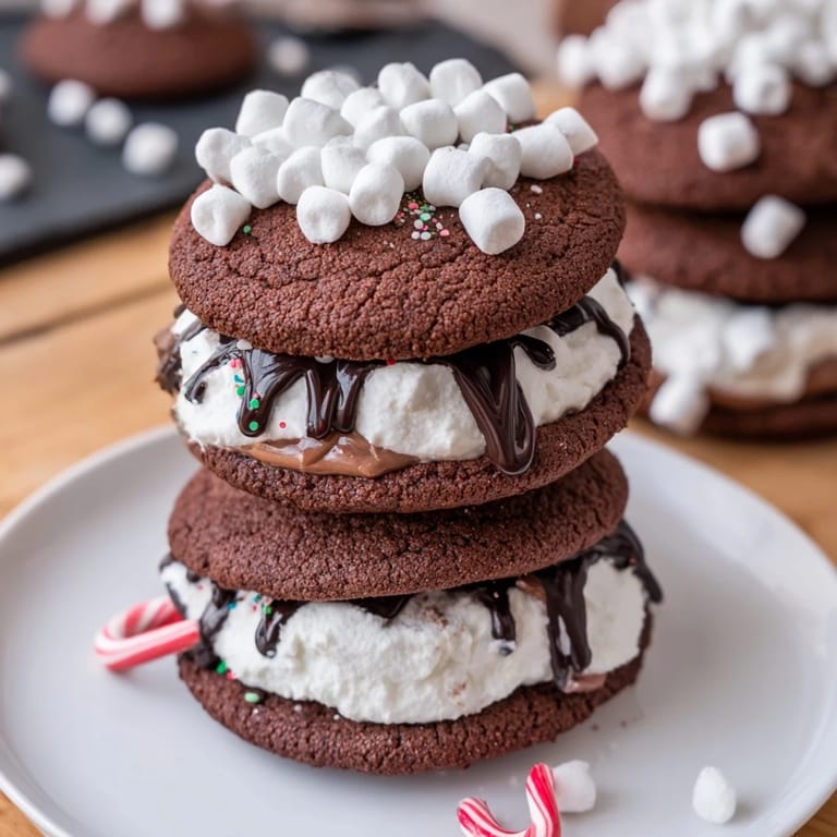 A close-up of a delightful Hot Cocoa Mug Cookie stack, piled high with mini marshmallows and rich flavor.
