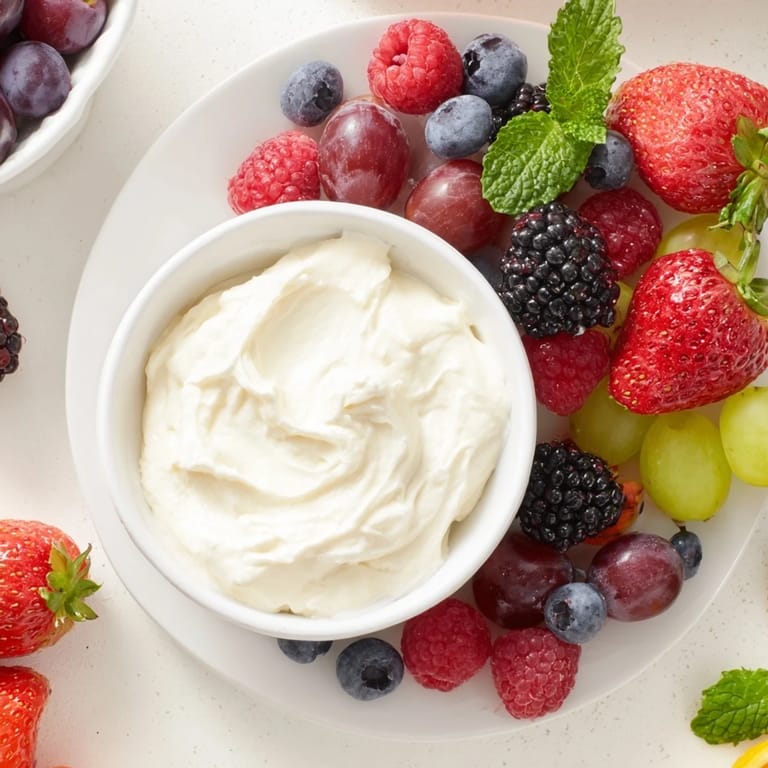 Bright red strawberries and blackberries complement the Mistletoe Kiss Berry Dip Board's white, luscious dip.