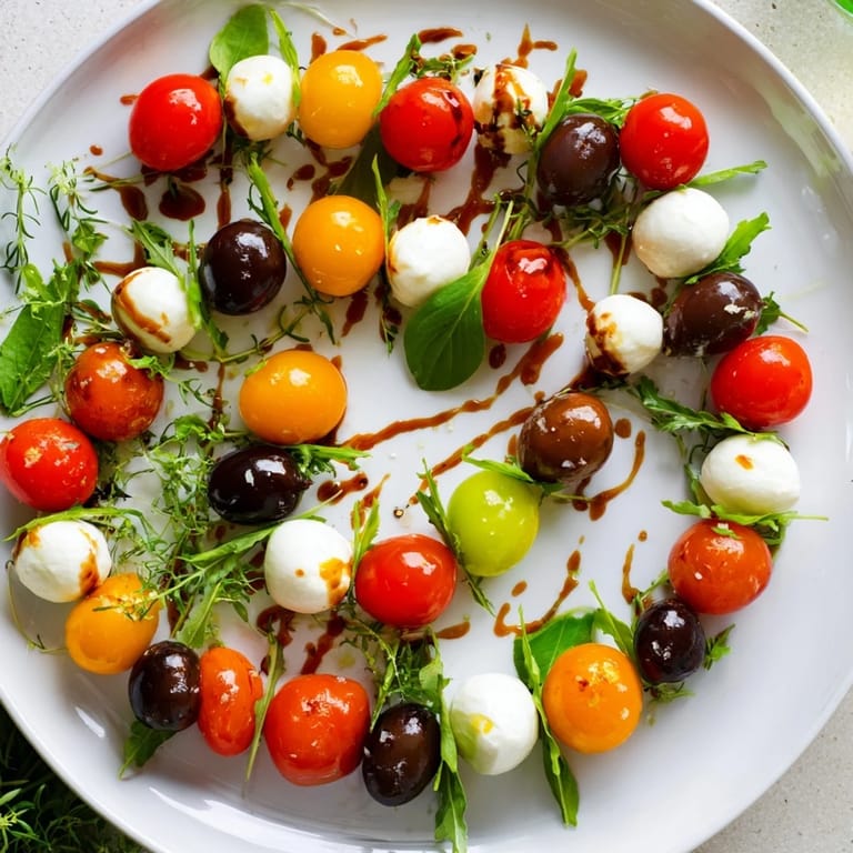 Mediterranean appetizer wreath: a colorful ring of olives, mozzarella, and juicy cherry tomatoes.