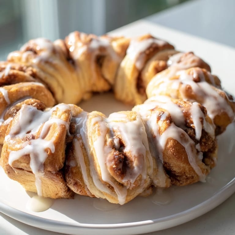 Warm, glazed Cinnamon Roll Pull-Apart Wreath, smelling delicious, ideal for a cozy weekend brunch.
