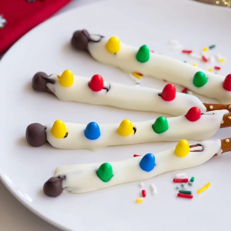 Delightful no-bake Pretzel Sticks Christmas Lights with vibrant candy "bulbs" and decorative wires.