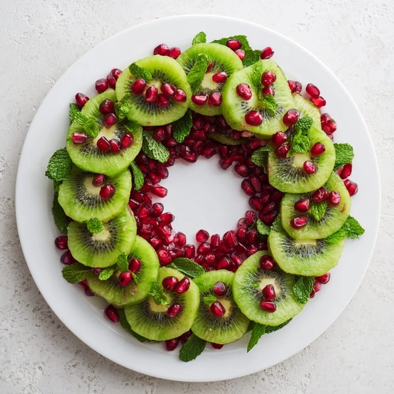 A juicy, colorful Kiwi and Pomegranate Christmas Wreath plate, ready to be enjoyed as a festive appetizer.
