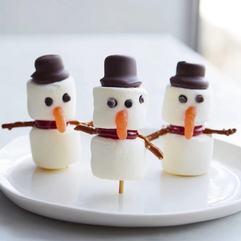 Cute Marshmallow Snowman Stick Arrangement glistening, with pretzel arms and chocolate faces for a kid-friendly treat.