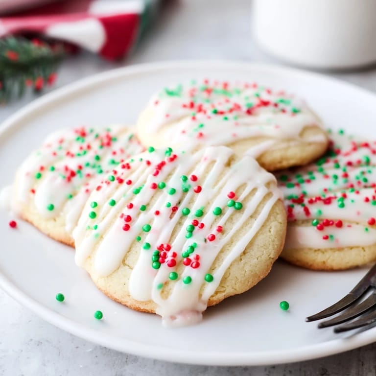 Warm, buttery holiday cookies topped with a creamy white icing drizzle, ready to be enjoyed.