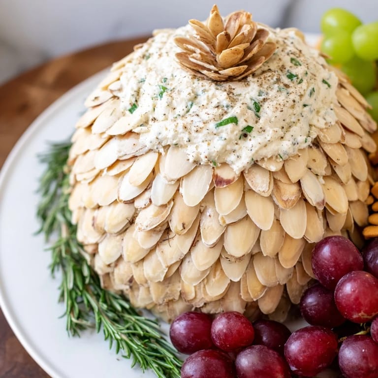 Edible Snowy Pinecone Centerpiece boasts a creamy cheese base, almond scales, grapes, and rosemary for winter feasts.