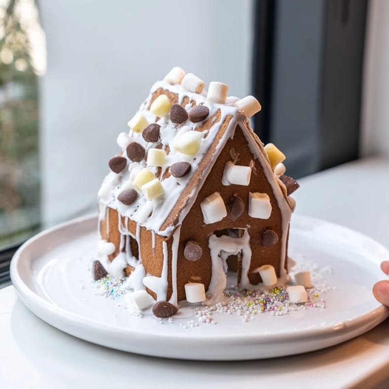 A warmly inviting photo shows a finished gingerbread house frame surrounding a colorful variety of holiday treats.