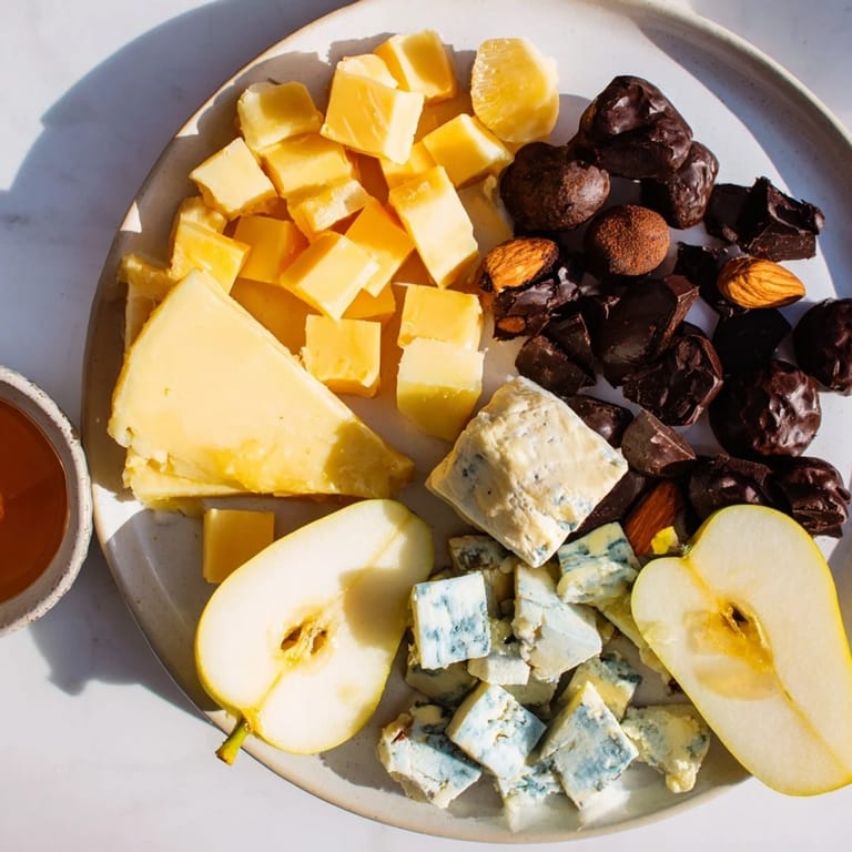 Indulgent Fireside Comfort & Cocoa recipe: a wooden board showcasing cheeses, chocolates, and fruit for sharing.
