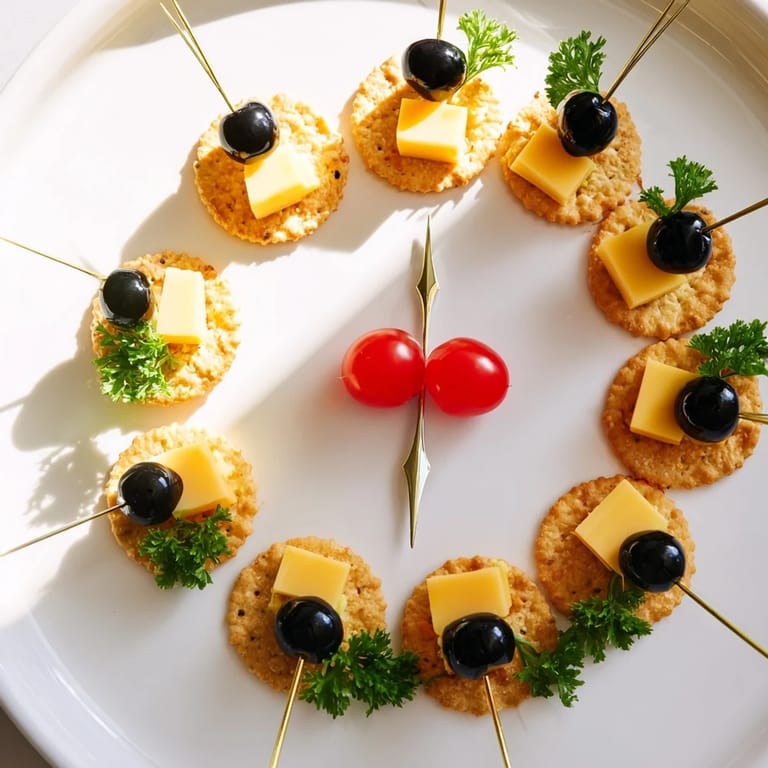 Festive New Years Clock Countdown party food: crackers, olives, and cheese cubes arranged as a clock.
