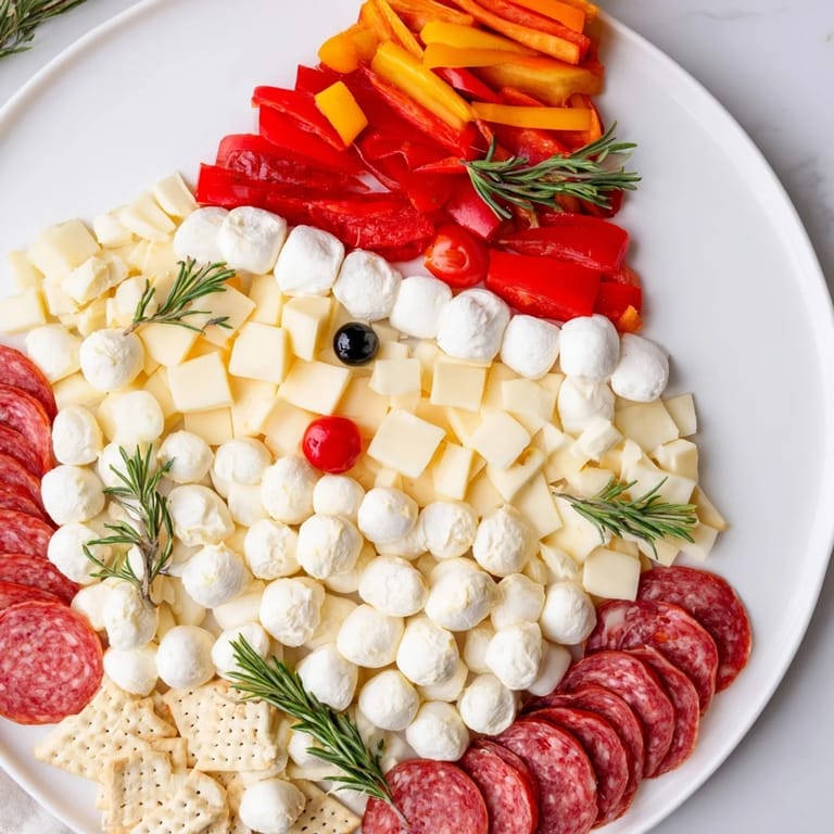 This Santa's Beard and Hat Board features creamy cheeses and meats artfully arranged for the holidays.