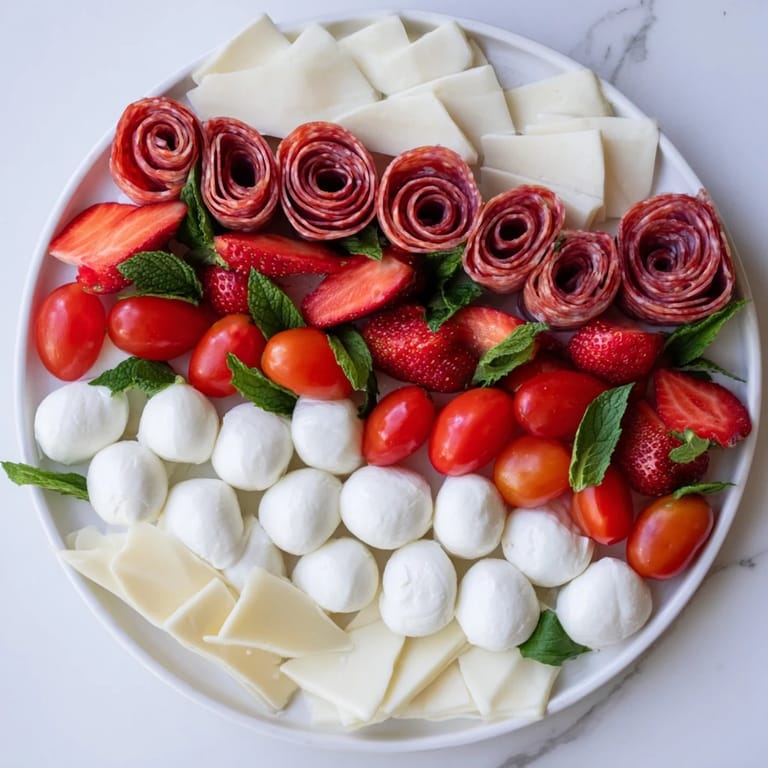 A festive Peppermint Stripe Celebration appetizer, featuring layered cheeses, fruits, and meats ready to be enjoyed.