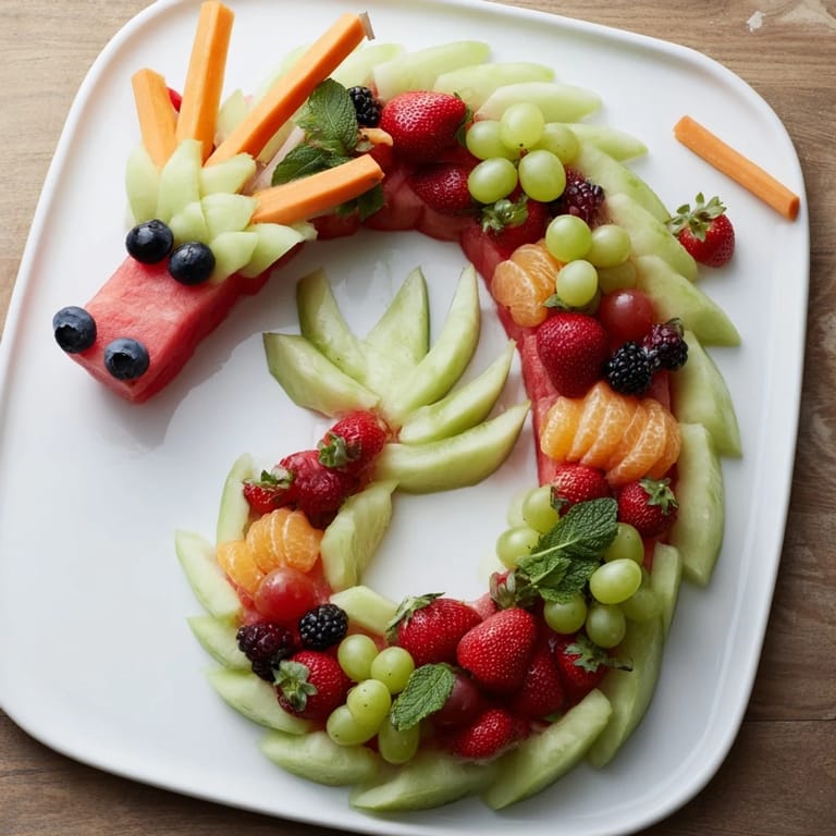 A whimsical dragon-shaped fruit tray bursting with color—enjoy the sweet, refreshing taste of summer fruits.