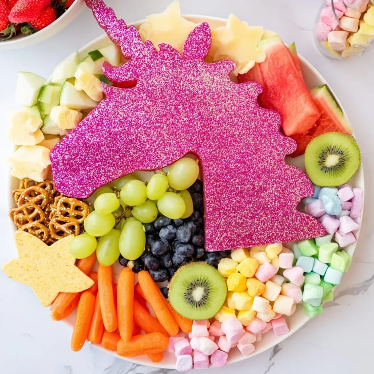 This festive Unicorn Party Platter bursts with blueberries, strawberries, and unicorn-themed sweets ready to enjoy.