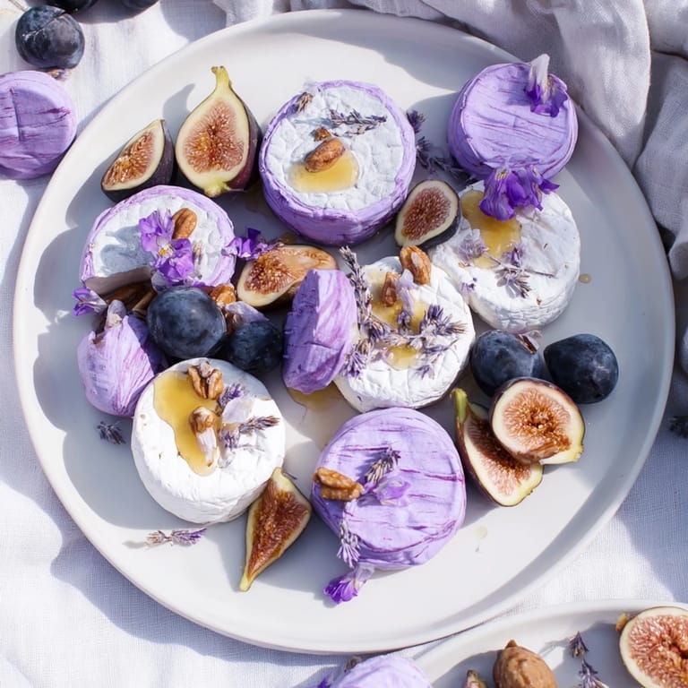 A close-up of The Lavender Haze cheese board: a feast with grapes, figs, and candied nuts.