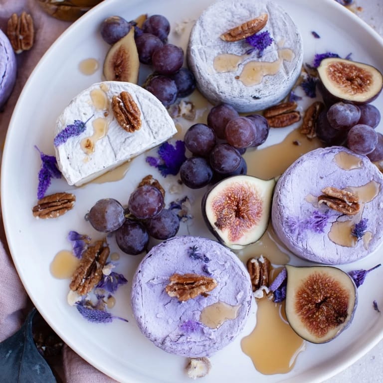 Inviting cheese board, The Lavender Haze, showcasing lavender honey-drizzled goat cheese alongside brie.