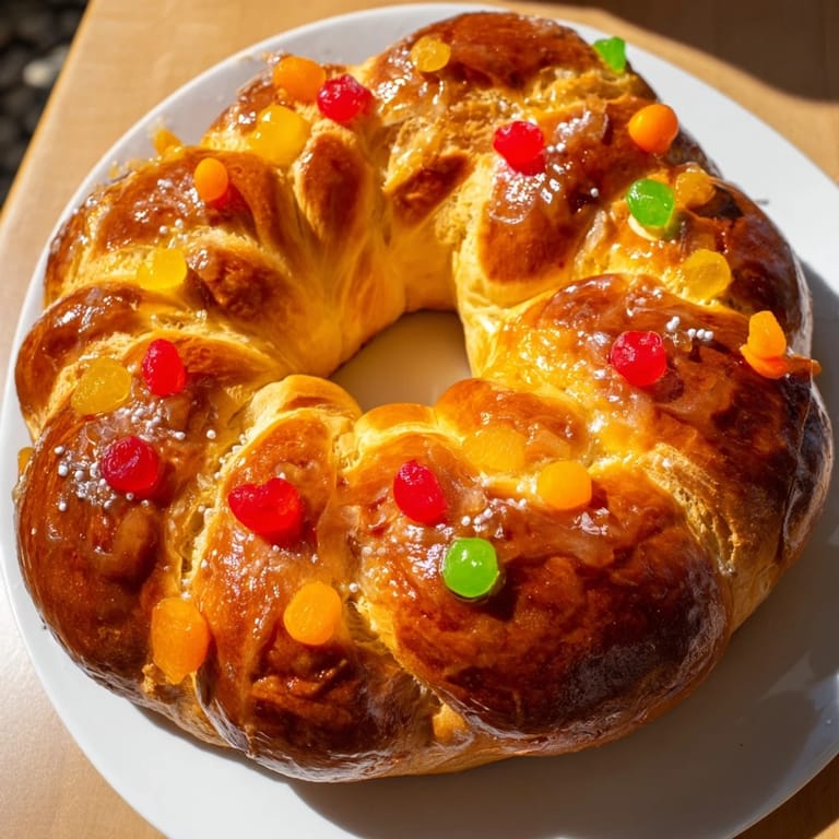 Freshly baked Couronne de Roi Bijoux Sucrés, a festive French crown, ready to serve with sparkling cider.
