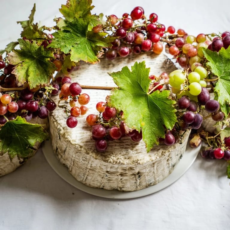 Beautiful rustic cheese wheels with grapevines, a centerpiece showcasing the Rustic Vineyard appetizer.