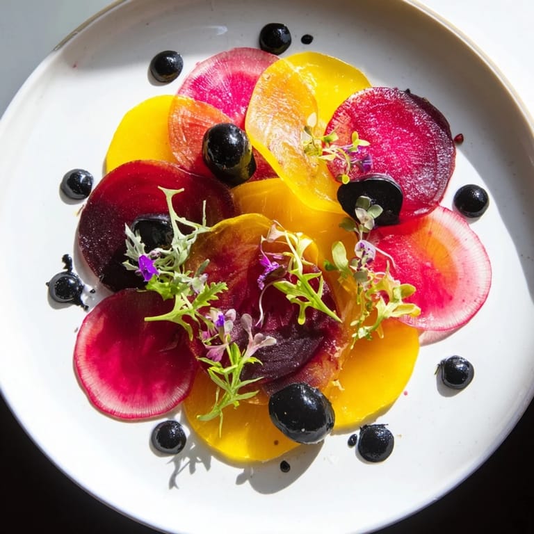 Silhouettes of blackberries and olives in The Shadow Play, layered on golden and red beets with microgreens.