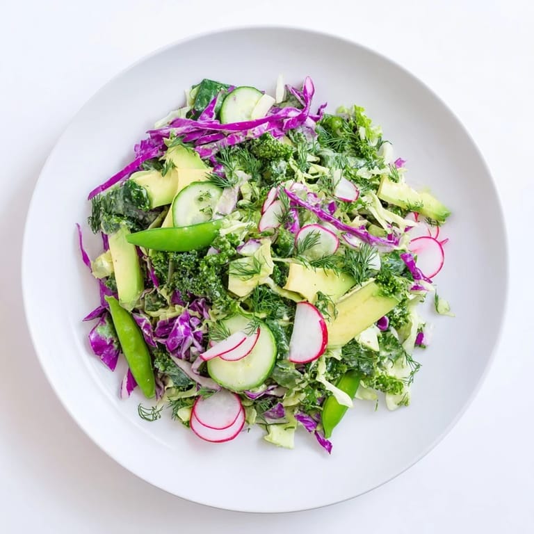 This healthy Green Goddess Detox Cabbage Salad features a rainbow of crisp vegetables, perfectly ready to serve.