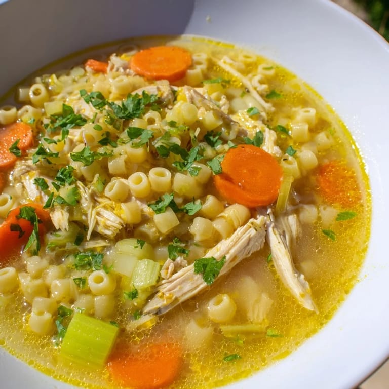 Golden chicken and ditalini pasta swim in a vibrant broth of this delicious Flu Fighter Soup, seasoned well.