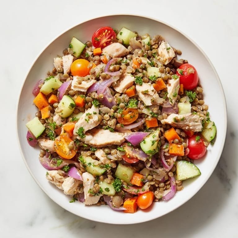 Freshly tossed Chicken and Lentil Recession Salad, perfect for a healthy lunch, with visible herbs and vegetables.