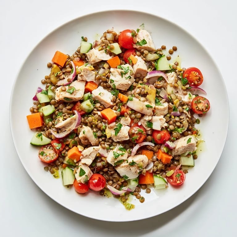 A close-up of a bowl of Chicken and Lentil Recession Salad, featuring lentils, chicken, and a zesty dressing.
