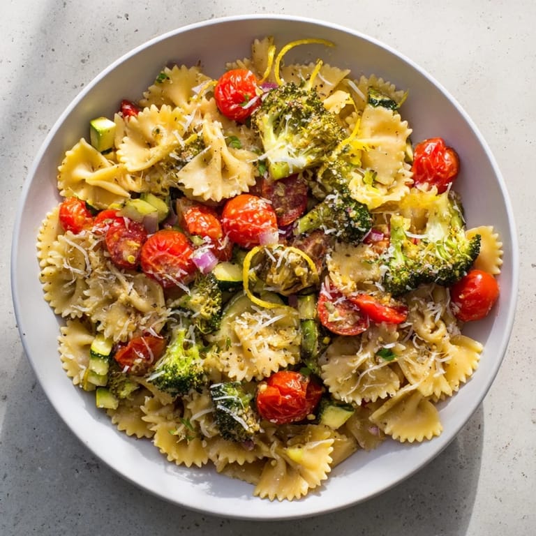 Vibrantly colorful Ditalini with Air-Fried Vegetables in a bowl, showcasing perfectly roasted vegetables.