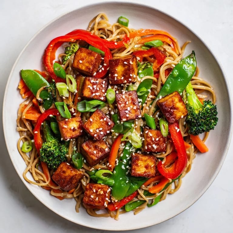 Steaming bowl of sesame ginger tofu stir-fry, showcasing tender noodles and colorful vegetables.