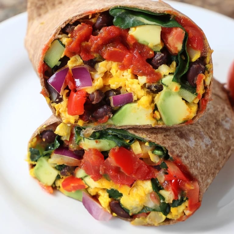 Warm, appetizing image of a freshly made Veggie-Loaded Breakfast Burrito, perfect for a quick & healthy breakfast.