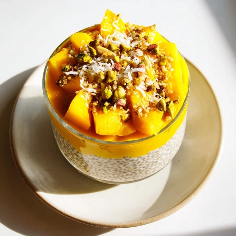 Bright yellow Mango Coconut Chia Pudding, beautifully garnished with toasted coconut flakes and fresh mango.