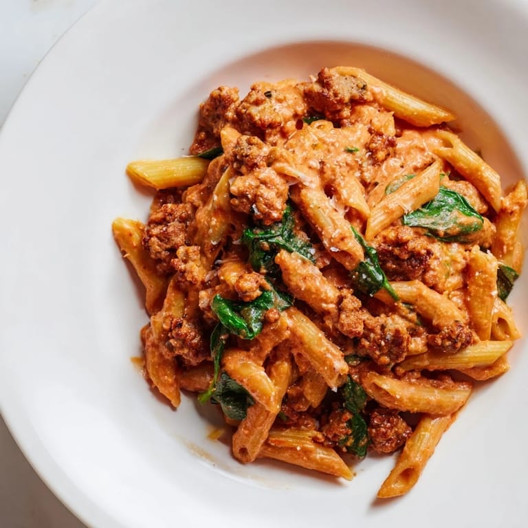 Freshly made One-Pot Italian Sausage Tomato Pasta, perfect for a cozy weeknight dinner, garnished with basil.