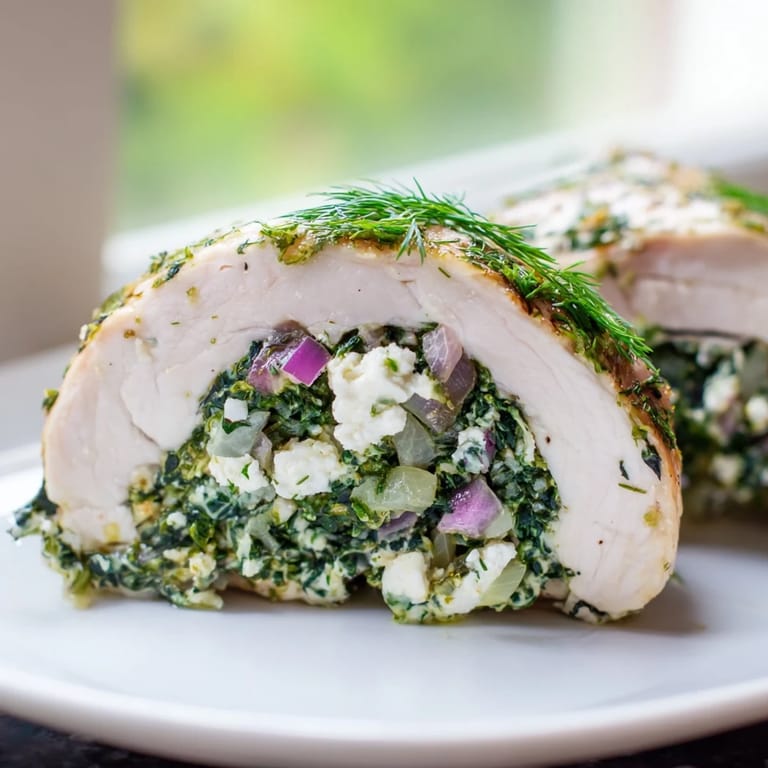 Baked Spinach Feta Stuffed Chicken roll-ups, filled with herbs and creamy feta cheese.