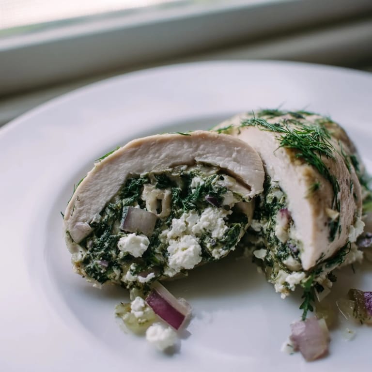 A close-up of Spinach Feta Stuffed Chicken; the perfect Greek-inspired baked chicken dish.