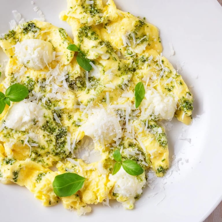 Creamy scrambled Pesto Cottage Cheese Eggs, the perfect vegetarian breakfast served with crusty toast.