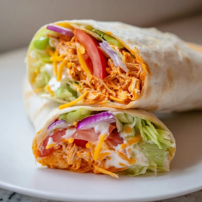 Tender buffalo chicken filling a delicious wrap with cheese, ready for a quick and satisfying lunch.