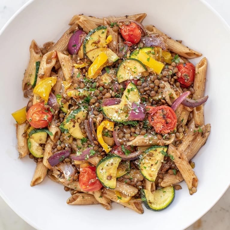 Flavorful Mediterranean lentil pasta with vegetables: envision the colorful roasted peppers and tomatoes.
