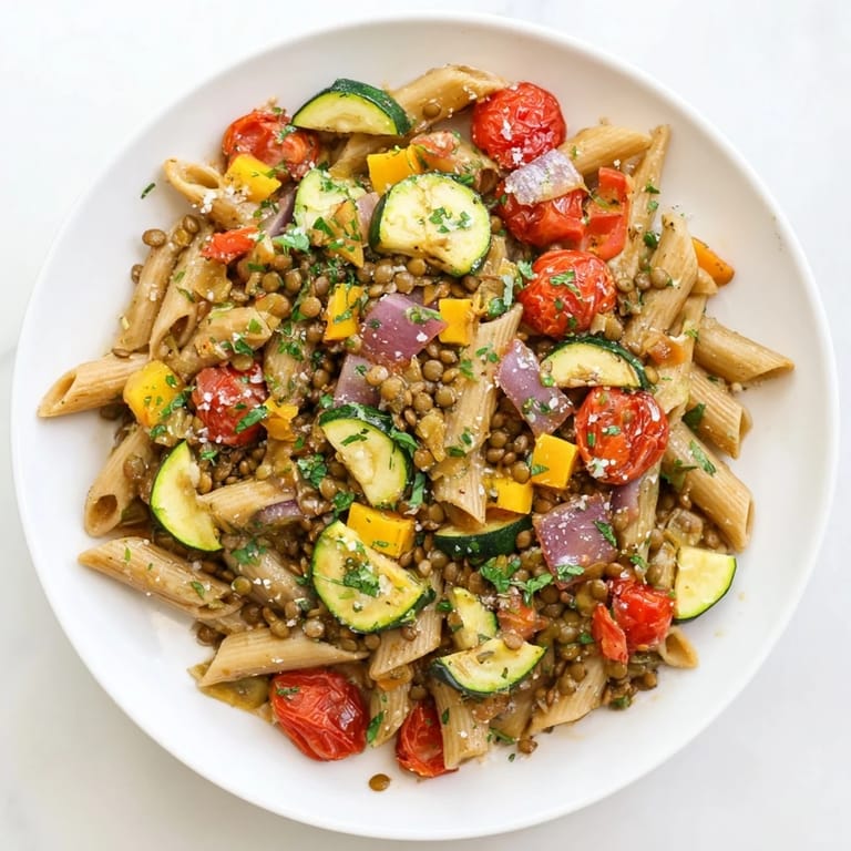 Wholesome lentil pasta with vegetables served, steaming and seasoned with fresh herbs, ready to eat.