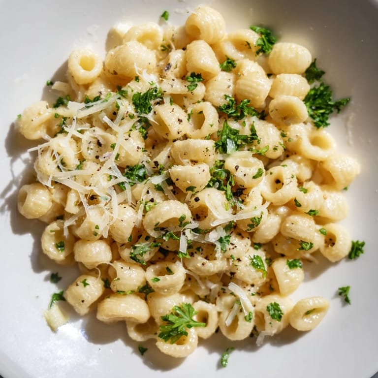 Silky, sauce-coated 15-Minute Creamy Garlic Butter Ditalini pasta, garnished with fresh parsley and Parmesan cheese.