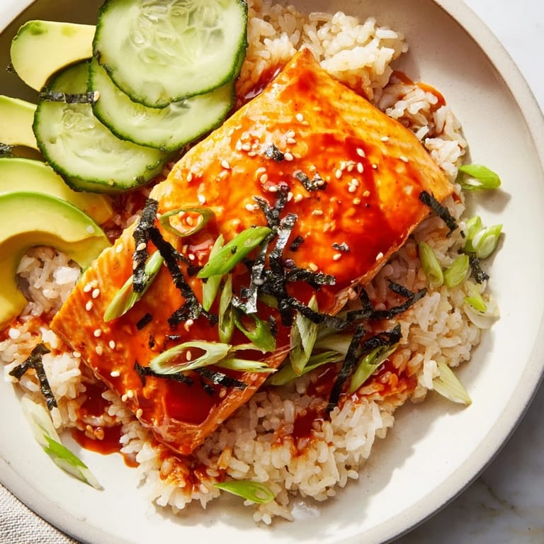 Beautiful, pan-seared Emily Mariko salmon bowl featuring glistening gochujang glazed salmon with fresh avocado.