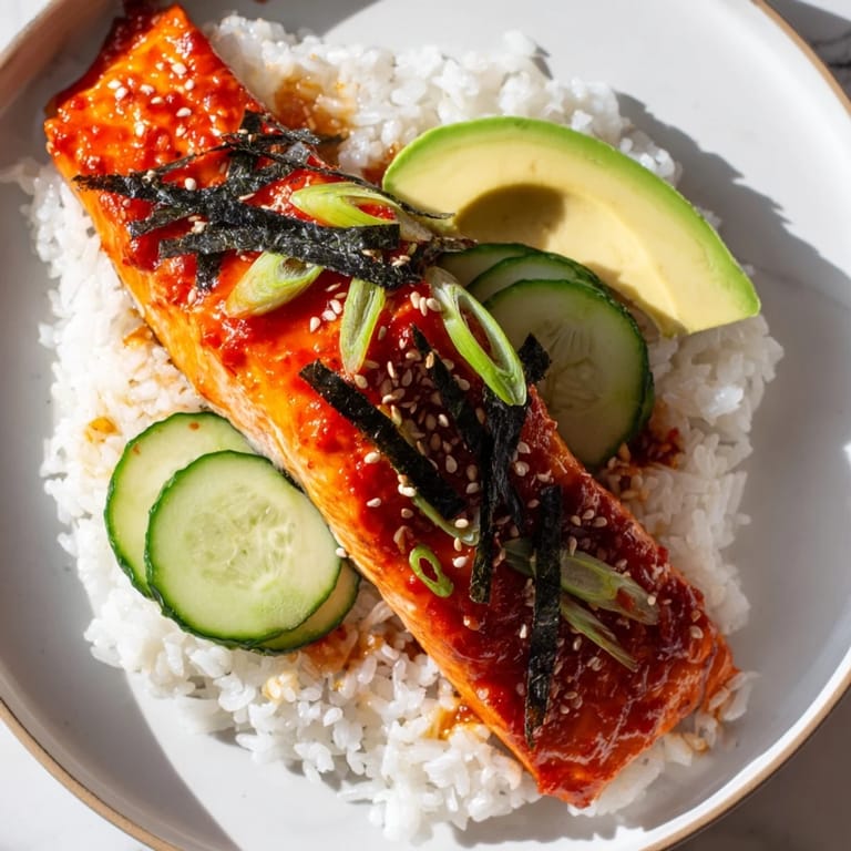 A delicious Emily Mariko-inspired salmon bowl: tender, glazed salmon nestled on fluffy rice, showcasing fresh ingredients.