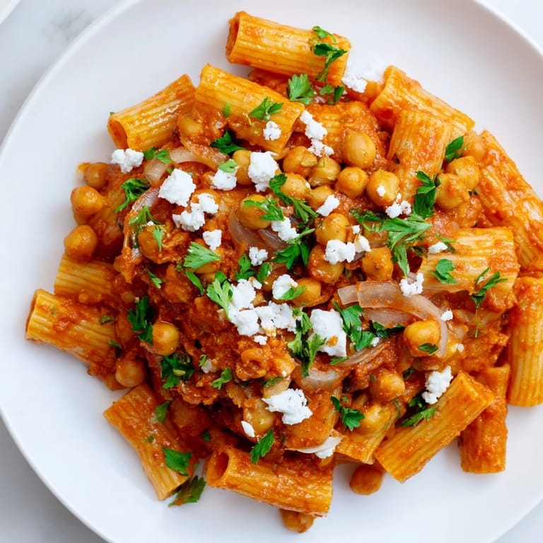 Close-up of the delicious Harissa Chickpea Pasta, showcasing the rich tomato sauce and perfectly cooked pasta shapes.