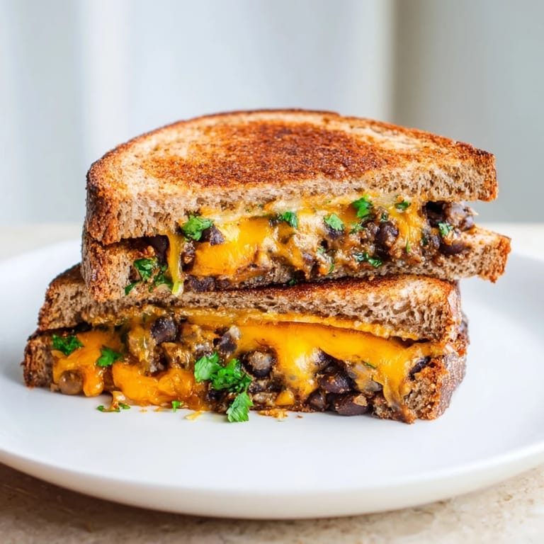Warm and comforting, a homemade Black Bean Grilled Cheese sits alongside a cup of soup.