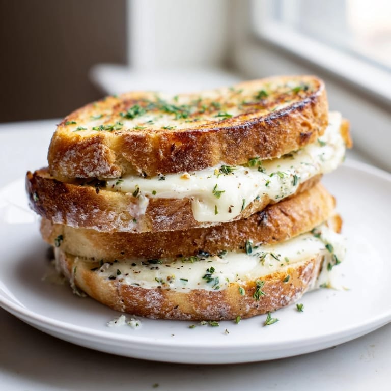 Crisp, toasted sourdough surrounding Garlic Butter Mayo Grilled Cheese, perfect for a quick, savory lunch.