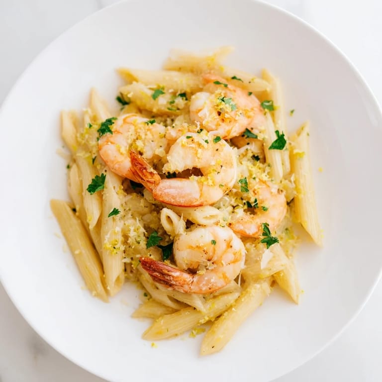 Freshly cooked Garlic Shrimp Penne, a comforting Italian-American pasta dish, ready to enjoy.