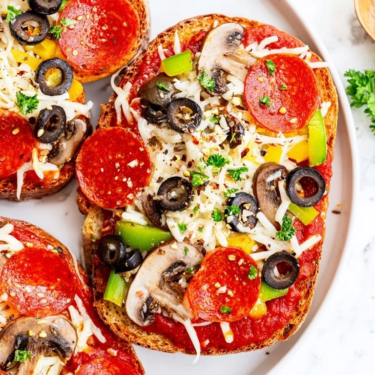 This close-up shows the crispy, cheesy Air Fryer Pizza Toast with fresh herbs as a beautiful meal.