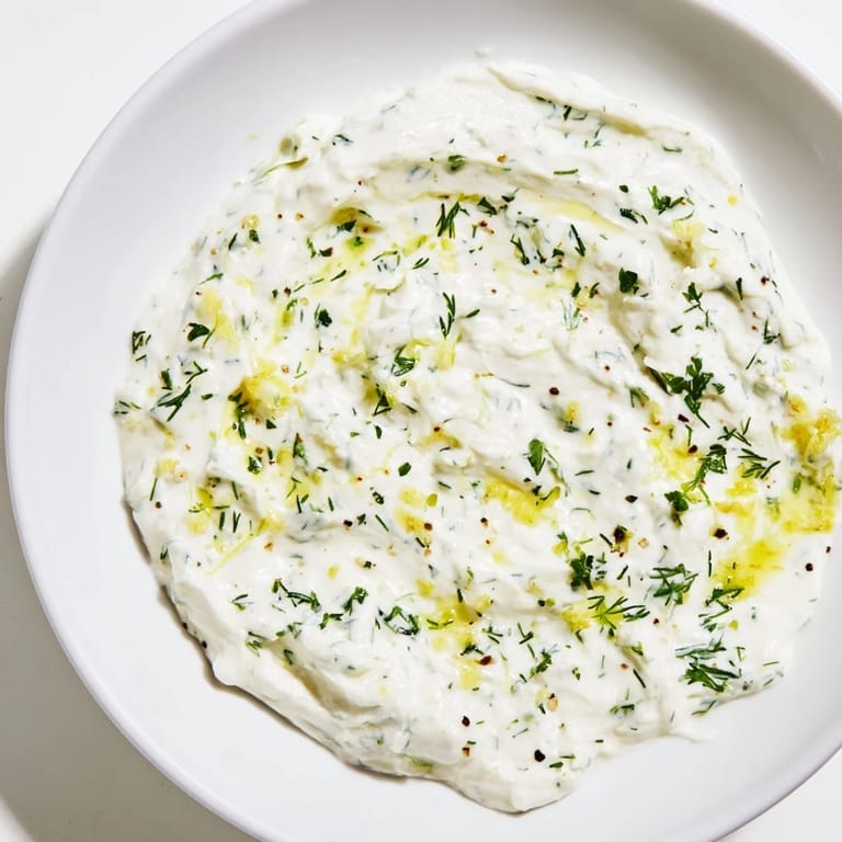 Freshly made Greek Yogurt Herb Dip with flecks of green herbs, ready for a gathering.