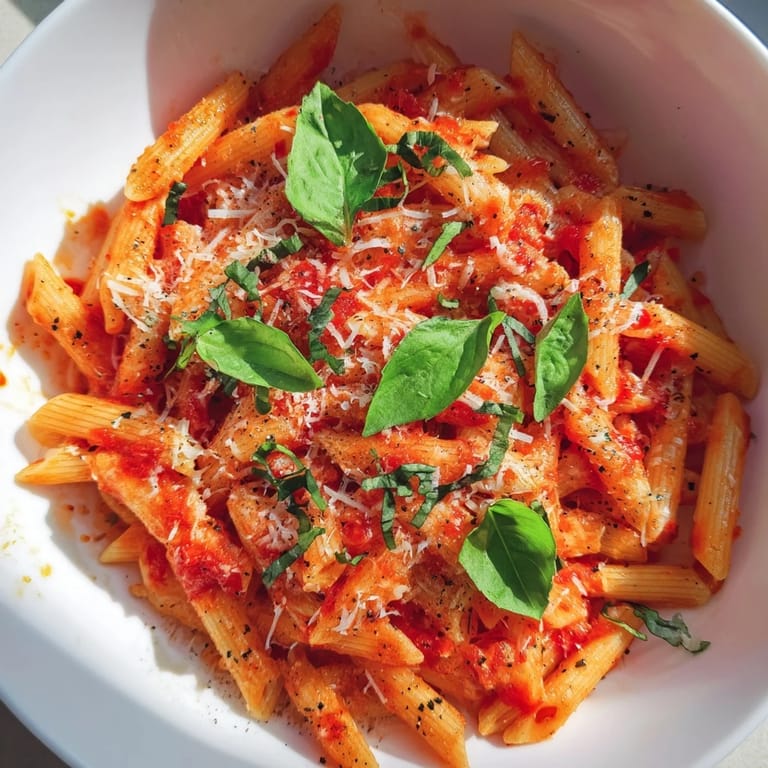 A close-up of quick Microwave Bowl Pasta, tossed with pesto and fresh basil for a flavorful lunch.