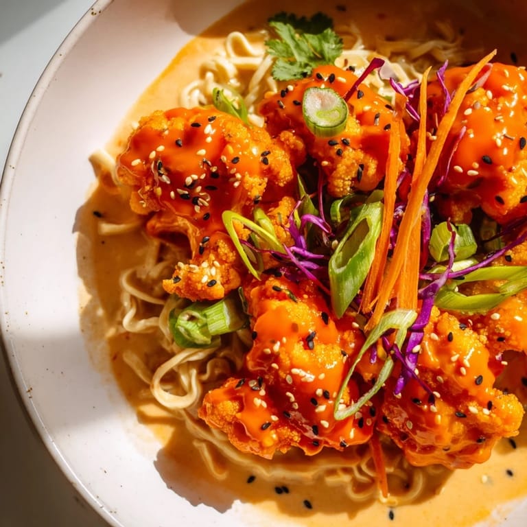 Buffalo Cauliflower Ramen, with vibrant green onions and crunchy sesame seeds topping the spicy ramen.