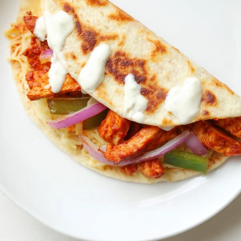 A close-up of a flavorful Tandoori Chicken Quesadilla, showcasing a delicious combination of Indian flavors.