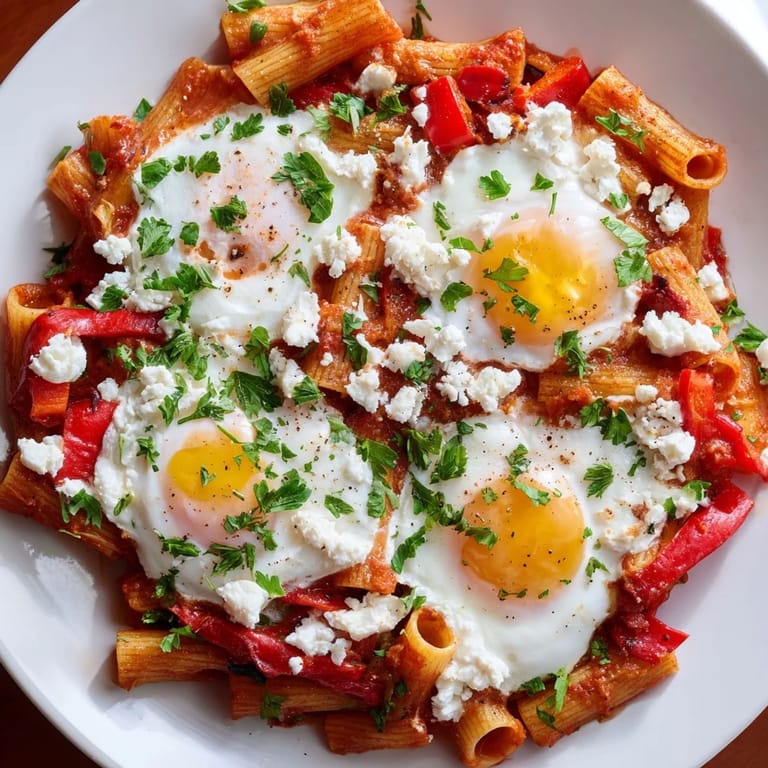 This comforting Shakshuka Baked Pasta features a golden crust and bubbling spiced tomato sauce.